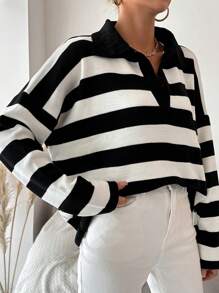 EURMUSE Striped Pattern Drop Shoulder Polo Neck Drop Shoulder Sweater - Black and White - View 4
