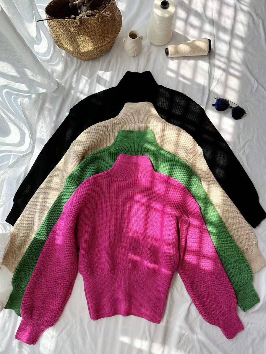 Zolique 4pcs Solid Mock Neck Ribbed Knit Knit Pullover Fall Winter Sweaters - Multicolor - View 1