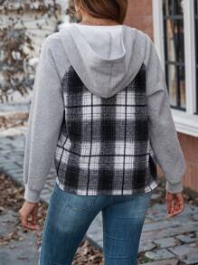 SHEIN LUNE 格紋印花插肩袖連帽外套 - 黑與白 - 查看 2