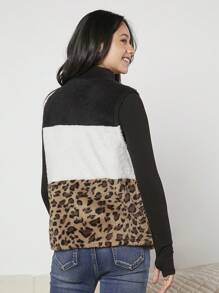 Tienermeisje Luipaardpatroon Kleurblok Met rits Teddy Vest jas