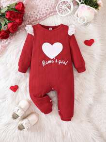 女嬰愛心和字母圖案荷葉邊連身褲 - 紅色 - 查看 1