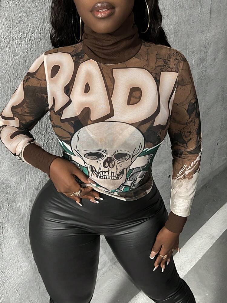 Music Festival Mesh Semi-See-Through Sexy Casual Street Women's Skull Letter Slogan Print High Collar Leader Mouth Knitted Splicing Slim Long Sleeve T-Shirt Top