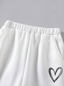 Sparklyn Conjunto de 2 piezas de sudadera y pantalones impresos con corazón, básico para otoño/invierno 2024, estilo campus deportivo para niña preadolescente - Negro y Blanco - Blanco y Negro - Ver 3