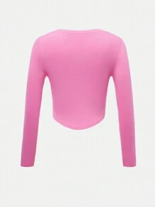 Teen Girl Solid Pocket Patched Curved Hem Tee - Watermelon Pink - View 2