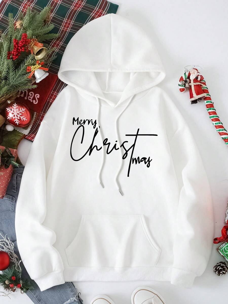 SHEIN EZwear 字母圖案袋鼠口袋抽繩保暖連帽衫 - 白色 - 查看 1