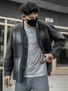 Manfinity Roghcode Men's Oversized Denim Shirt With Dual Pockets And Button Front - Black - View 6