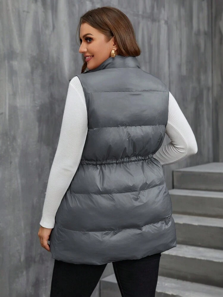 Plus Drawstring Waist Zipper Vest Padded Coat