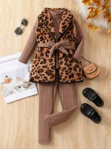 SHEIN Elladie kids Young Girl Leopard Print Contrast Binding Belted Vest Coat & Tee & Pants Mocha Young Girl Outfitkids Girl Outfit Browngirls Winter Clothes Setsmocha Outfit For Young Girl Girl