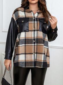 SHEIN Unity Plus Plaid Print Drop Shoulder Flap Pocket PU Leather Panel Jacket - Brown - View 4