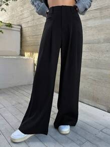 DAZY 高腰褶饰阔腿裤女式正装裤 - 黑色 - 查看 3