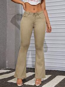 SHEIN ICON Slant Pocket Flare Leg Jeans - Khaki - View 1