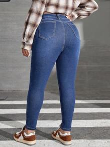 SHEIN EZwear 大碼素色拉鏈門襟緊身牛仔褲