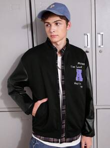 SHEIN Teen Boy 1pc Slogan & Cartoon Graphic Drop Shoulder Contrast PU Leather Bomber Jacket - Black - View 4