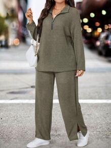 Calvaya Plus Half Zip Drop Shoulder Tee & Split Hem Pants - Army Green - View 3