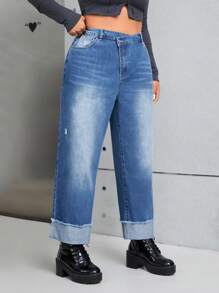 SHEIN ICON 大碼高腰毛邊緣卷邊直筒牛仔褲 - 藍色 - 查看 3