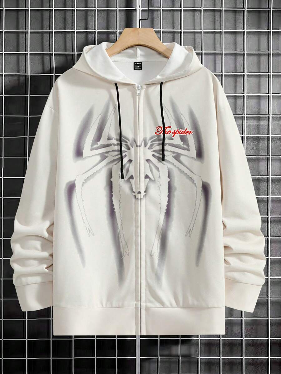 Manfinity LEGND Nam Lá thư & Nhện In Dây kéo Dây rút Hoodie - Màu be - Xem 1