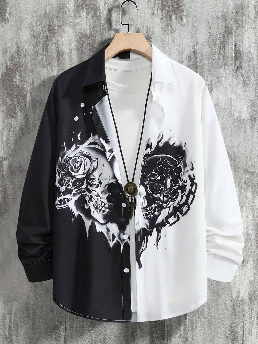 Manfinity EMRG Men Two Tone Floral & Skull Print Shirt Without Tee - Black and White - View 1