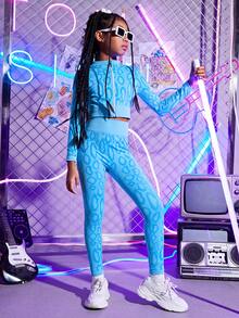 SHEIN 女大童滿版印花拉鏈開襟收復運動夾克&緊身打底褲 - 淺藍色 - 查看 5