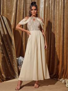 SHEIN Belle 露肩亮片镶嵌露肩连衣裙优雅正式晚会舞会婚礼宾客礼服，适合毕业典礼、晚宴或节日派对服装 - 香檳色 - 查看 4