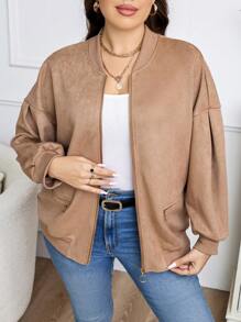 SHEIN Essnce Plus Drop Shoulder Zip Up Bomber Jacket - Camel - View 4