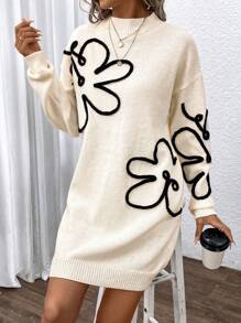 Chiquease Floral Pattern Drop Shoulder Sweater Dress - Beige - View 7
