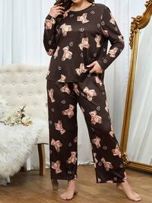 Plus Bear & Heart Print PJ Set / Pajama Set - Brown - View 5