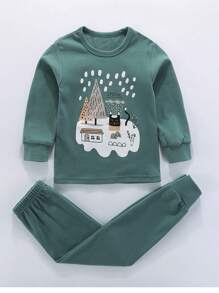 Conjunto de pijamas de manga comprida com estampa de desenho animado para menino