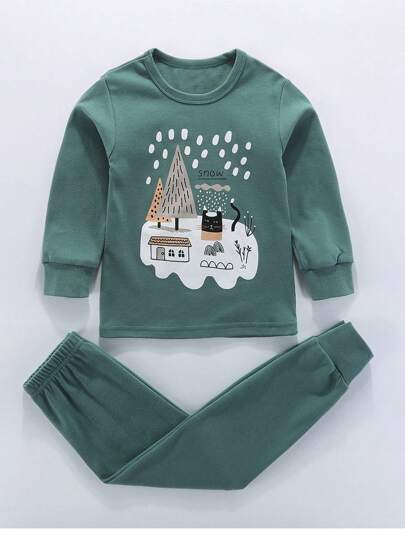 Cartoon Muster Langarm-Shorts Schlafanzug Set für Kleine Jungen