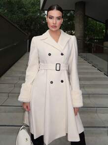 SHEIN Privé Abrigo de peluche puño de doble botonadura con cinturón