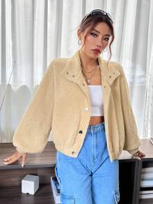 SHEIN EZwear Drop Shoulder Teddy Jacket - Apricot - View 3