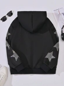 SHEIN 少女星形印花拉链卫衣 - 黑色 - 查看 2