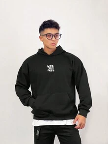 Manfinity Sport Corelite Men Letter Graphic Kangaroo Pocket Hooded Sports Sweatshirt - Black - View 3