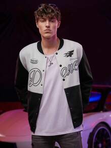 ROMWE MEN Street Life Các bạn Đồ họa Chữ cái Hai âm Áo khoác bomber - Đen và trắng - Xem 1