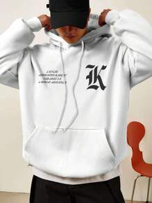Manfinity Homme Men Plus Slogan Graphic Kangaroo Pocket Drawstring Hoodie - White - View 4