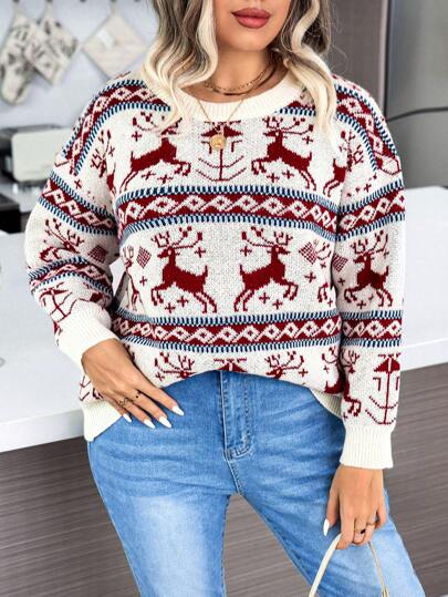 Calvaya Plus Christmas Elk & Geo Pattern Drop Shoulder Sweater Knit Pullover Fall Winter Sweater