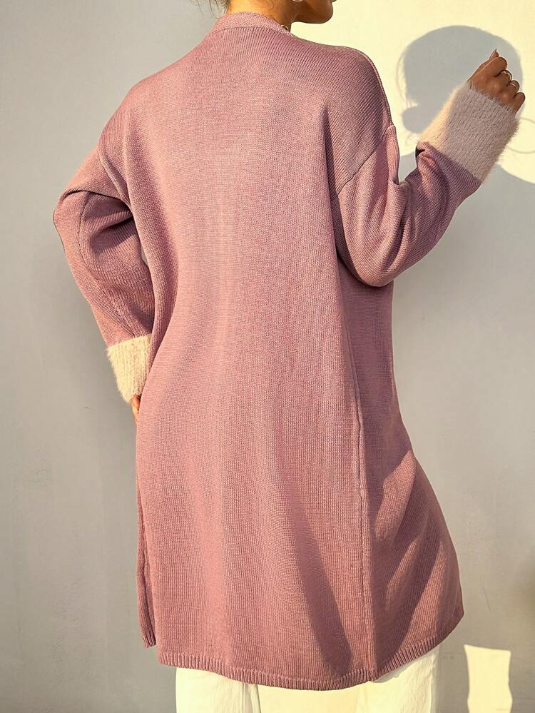 Fuzzy Trim Drop Shoulder Cardigan & Knit Top