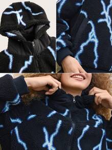 In My Nature Lightning Pattern Hooded Outdoor Fleece Jacket - Black - View 7