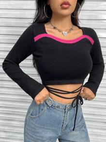 SHEIN Unity 撞色滚边交叉系带短款针织套头衫秋冬毛衣 - 黑色 - 查看 7