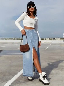 SHEIN EZwear Cao eo Xén Thô Tách đùi Váy Denim - Rửa nhẹ - Xem 1