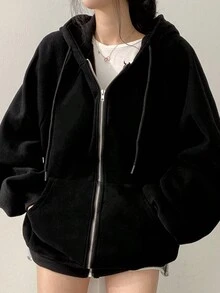 Sudadera con capucha de forro polar de unicolor, manga raglán, manga larga, casual y holgada con cordón, otoño/invierno, color negro - Negro - Ver 3