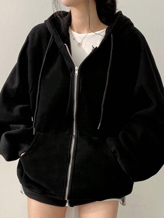 女式纯色插肩袖长袖休闲宽松抽绳羊毛连帽衫，秋冬