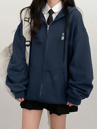 Women's Oversized Long Sleeve Hoodie Sweatshirt With Embroidered Bear Design, Loose Fit And Thermal Lined