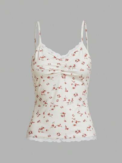 Kawaii Floral Print & Contrast Lace Women's Camisole Top, School