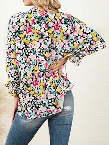 Allover Floral Print Batwing Sleeve Blouse - Multicolor - View 2