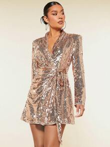 SHEIN BAE Party Gold Beaded Suit Jacket Formal New Year's Eve - Champagne - View 2