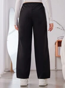 青少年女孩拼接滾邊腰部抽繩長褲 - 黑色 - 查看 2