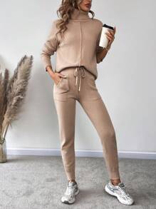 SHEIN LUNE Turtleneck Drop Shoulder Sweater & Knit Pants - Apricot - View 6