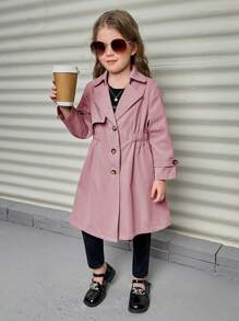 SHEIN Young Girl Lapel Neck Trench Coat - Pink - View 4