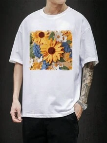 Men Floral Print Drop Shoulder Tee - White - View 1