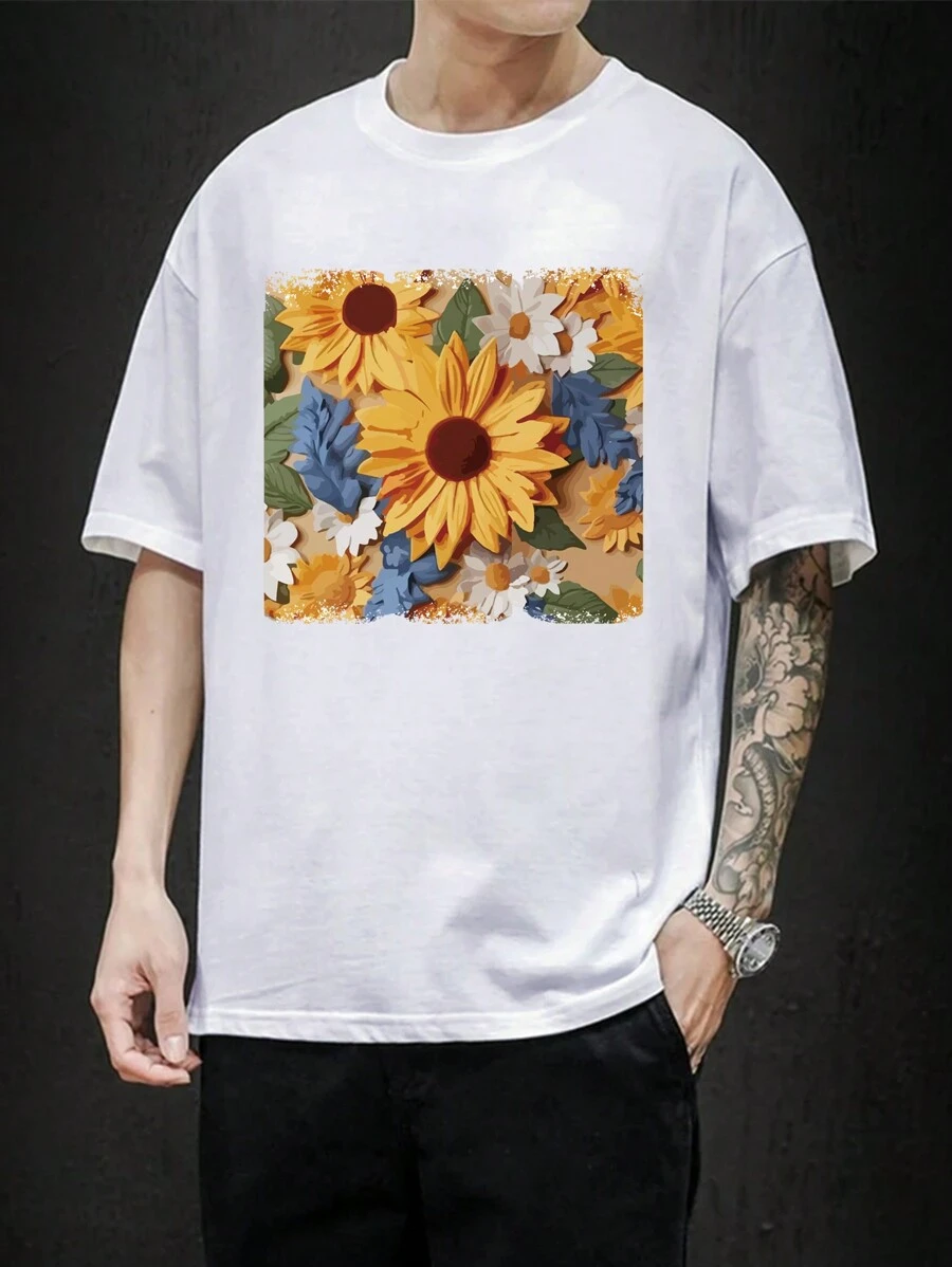 Men Floral Print Drop Shoulder Tee - White - View 1